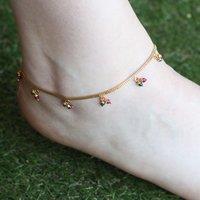 The Colourful Aura Women's Golden Brass Rounds Red Green Beads Indian Payal Anklet in Gold