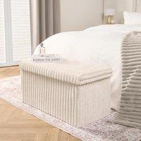 OHS Storage Box Lid Ottoman Folding Ribbed Fleece Footstool Tub in Cream