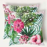 Homescapes Luxury Waterproof Botanical Flower Outdoor Cushion 45 x 45 cm, Set of 2 in Green | Size: 45 cm x 45 cm