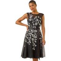 Roman Women's Embroidered Tie Waist Midi Dress in Black | Size: 18
