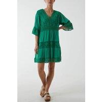 HOXTON GAL Women's Oversized 3/4 Sleeves Lace Detailed V Neck Mini Dress in Green