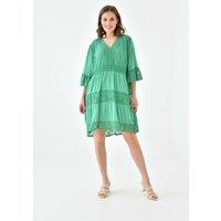 HOXTON GAL Women's Oversized 3/4 Sleeves Lace Detailed V Neck Mini Dress in Green