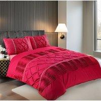 Snug City Duvet Cover & Pillowcase Set Modern Pintuck Border Pleated Bed Linen in Red | Size: Double