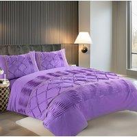 Snug City Duvet Cover & Pillowcase Set Modern Pintuck Border Pleated Bed Linen in Lilac | Size: Double