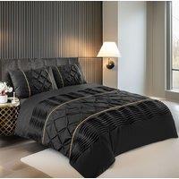 Snug City Duvet Cover & Pillowcase Set Modern Pintuck Border Pleated Bed Linen in Black | Size: Single