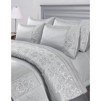 Snug City Duvet Cover & Pillowcase Set Embroided Luxury Design Polyester Linen in Silver | Size: Super King