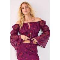 NastyGal Women's Floral Chiffon Bardot Ruched Fluted Sleeve Top Co-ord in Wine | Size: 12