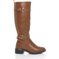 AJVANI Women's Low Heel Stretchy Elastic Zip Calf Biker Knee High Boots in Tan | Size: 8