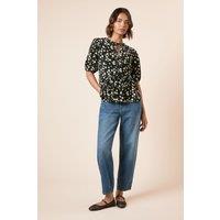 Dorothy Perkins Women's Floral Bow Tie Front Puff Sleeve Jersey Top in Mono | Size: 14