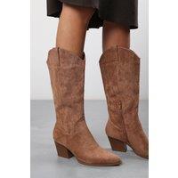 Where's That From Women's Yasmine Calf Cowboy Boots Block Heel Western Embroidered in Camel | Size: 3