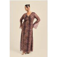 FASHION-SZN Women's Curve Leopard Print Trim Detail Flare Sleeve Midi Dress in Brown | Size: 16