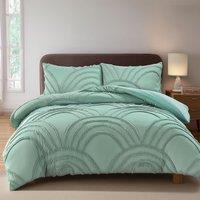Snug City Duvet Cover & Pillowcase Set Tufted Modern Luxury Design Bed Linen in Green | Size: Super King