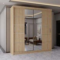 MN Furniture Wardrobe Modern Sliding Mirror Door - LED Light 203cm x 217cm in Light Oak | Size: 203 cm x 217 cm
