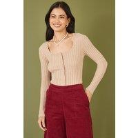 Yumi Women's Oatmeal Fitted Rib Button Up Cardigan in Beige | Size: Large
