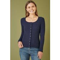 Yumi Women's Navy Fitted Rib Button Up Cardigan | Size: Large