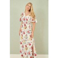 Yumi Women's White Floral Recycled Fabric Ruched Waist Midi Dress in Ivory | Size: 16