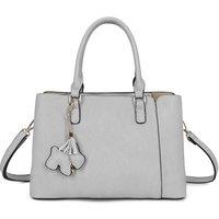 Fontanella Fashion Women's Velvet PU Leather Triple Compartment Shoulder Tote Bag With Dog Charm in Light Grey