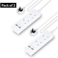 Geepas 2 Gang Extension Lead, 2M Cable with 2 USB Ports Pack of 2 in White