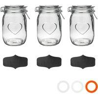 Nicola Spring Heart Glass Storage Jars with Labels - 1 Litre - Clear Seal - Pack of 3