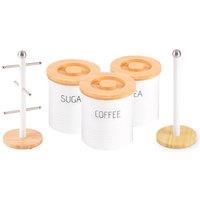 Royalford 5-Piece Kitchen Storage Set Canisters, Freestanding Kitchen Paper Roll Holder & Display Mug Holder in White