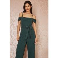 Yumi Women's Green Sparkle Stretch Bardot Jumpsuit | Size: 12