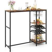 Gymax Bar Table Counter Height Breakfast Dining Tables With Shelves-Brown in Brown