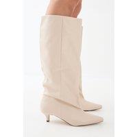 MissPap Women's Low Stiletto Heel Knee High Boots in Cream | Size: 4
