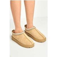 Miss Diva Women's Sigrid Embroidered Faux Fur Lining Slippers in Medium Beige | Size: 6