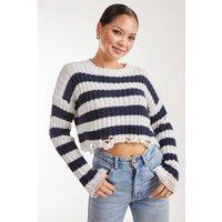 Pink Vanilla Women's Distressed Striped Crop Knit Jumper in Navy | Size: Medium/Large