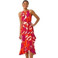 Roman Women's Floral Print Frill Wrap Midi Dress in Cerise | Size: 14