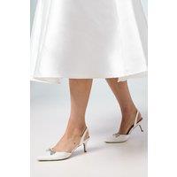 Coast Women's Bridal Wide Fit Sammi Satin Diamante Bow Brooch Slingback Kitten Heel Court Shoes in White | Size: 4