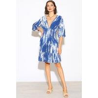 HOXTON GAL Women's Relaxed Fit 3/4 Sleeves Shirred Waist Printed V Neck Maxi Dress in Navy