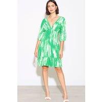 HOXTON GAL Women's Relaxed Fit 3/4 Sleeves Shirred Waist Printed V Neck Maxi Dress in Green