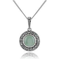 Gemondo Women's Art Deco Style Round Green Jade Cabochon & Marcasite Pendant in 925 Sterling Silver | Size: 18 inches