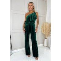 AX Paris Women's Teal Velvet One Shoulder Frill Belted Jumpsuit in Green | Size: 16