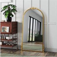 Living and Home 60cm W x 120cm H Gold Floral Carved Metal Frame Arch Wall Mirror Art Deco Vanity Mirror | Size: 60 cm W x 120 cm H