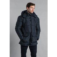 French Connection Men's Hooded Padded Parka Longline Jacket in Navy | Size: XL