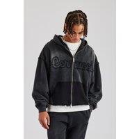 Cernucci Men's Washed Applique Zip Through Hoodie - Acid Wash in Black | Size: Medium