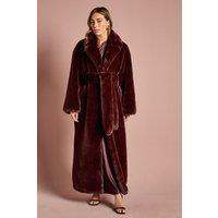 Coast Women's Occasion Belted Longline Faux Fur Coat in Burgundy | Size: 12
