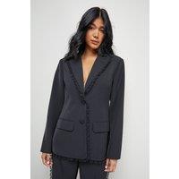 Warehouse Women's Oversized Lace Frill Trim Single Breasted Blazer in Black | Size: 10
