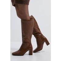 Dorothy Perkins Women's Kristen Faux Leather Square Toe High Heel Knee Boots in Dark Tan | Size: 3