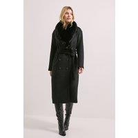 Dorothy Perkins Women's Faux Fur Collar Belted Longline Coat in Black | Size: 8
