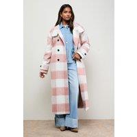 Oasis Women's Brushed Check Funnel Neck Coat in Pink | Size: 12