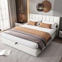 Matteo LED Upholstered King Size Bed with Hydraulic Storage, USB Port in White