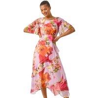 Roman Women's Floral Painted Frill Midi Dress in Mauve | Size: 16