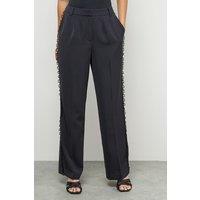 Warehouse Women's Lace Frill Trim Wide Leg Trouser in Black | Size: 14