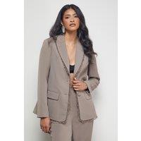 Warehouse Women's Oversized Lace Frill Trim Single Breasted Blazer in Mocha | Size: 12