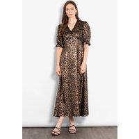 Sarta Women's Elise V-Neck Leopard Print Tea Dress in Bronze | Size: Medium