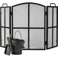Dibor Vintage Style Blacksmith 3-Fold Fire Screen Fire Guard H71cm x W102cm with Fireplace Coal Bucket with Shovel in Black