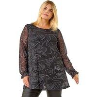 Roman Women's Curve Swirl Print Stretch Top in Black | Size: 20